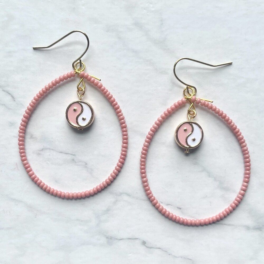 Filled Pastel Pink Tear Drop Earrings w/ Hanging Yin and Yang Charm